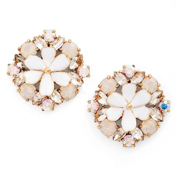 New! KATE SPADE Statement Floral Crystal Stud Sparkle Earrings White - Picture 1 of 7